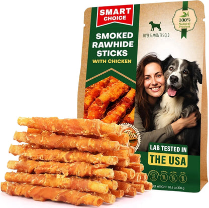 Dog Treats Rawhide Sticks Wrapped with Chicken 11 Oz Pet Natural Chew Treats - Grain Free Meat & Human Grade Dried Snacks - Best for Small & Large Dogs (10.6 Ounce (Pack of 1), Smoked Chicken)